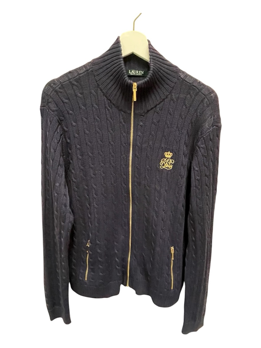 Lauren Ralph Lauren Navy Blue Cable-Knit Cardigan Sweater Front Zip Pockets XL